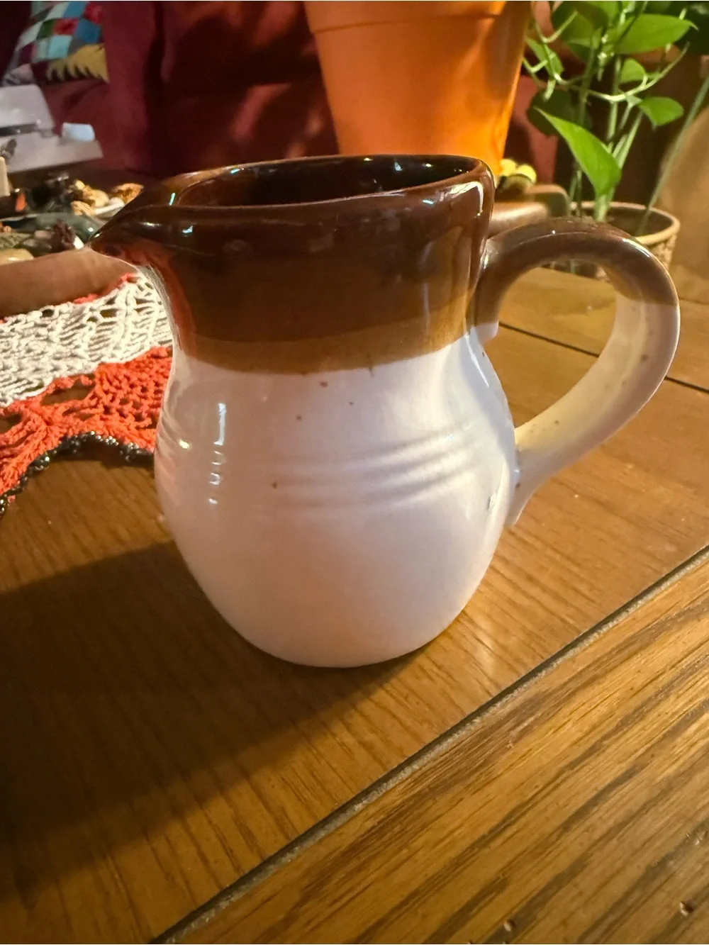 Vintage Brown & Cream Stoneware Pitcher Crazed Glaze Farmhouse Pottery
